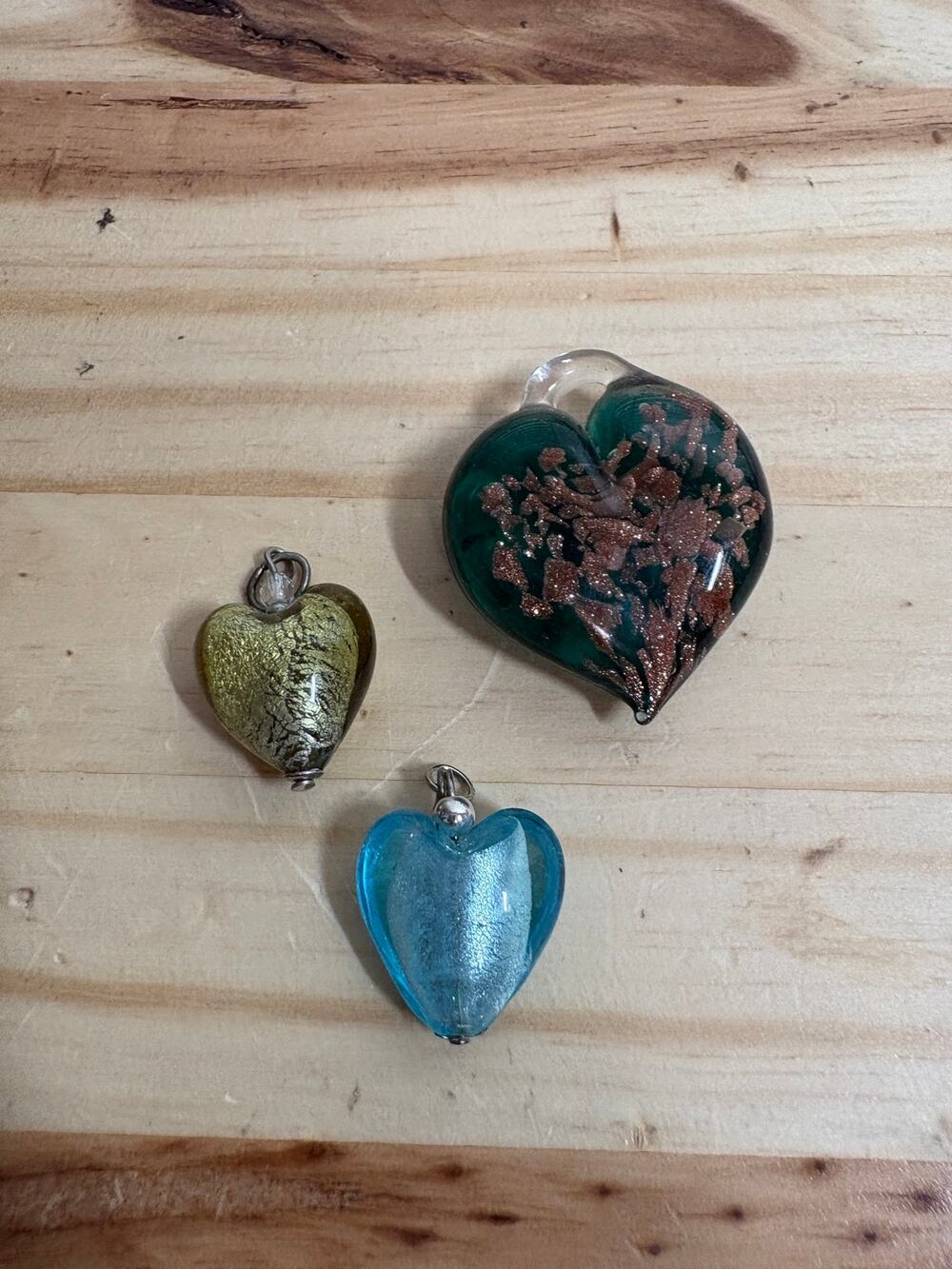 Glass Heart Pendant Charms Blue Green Yellow Set of 3 Vintage